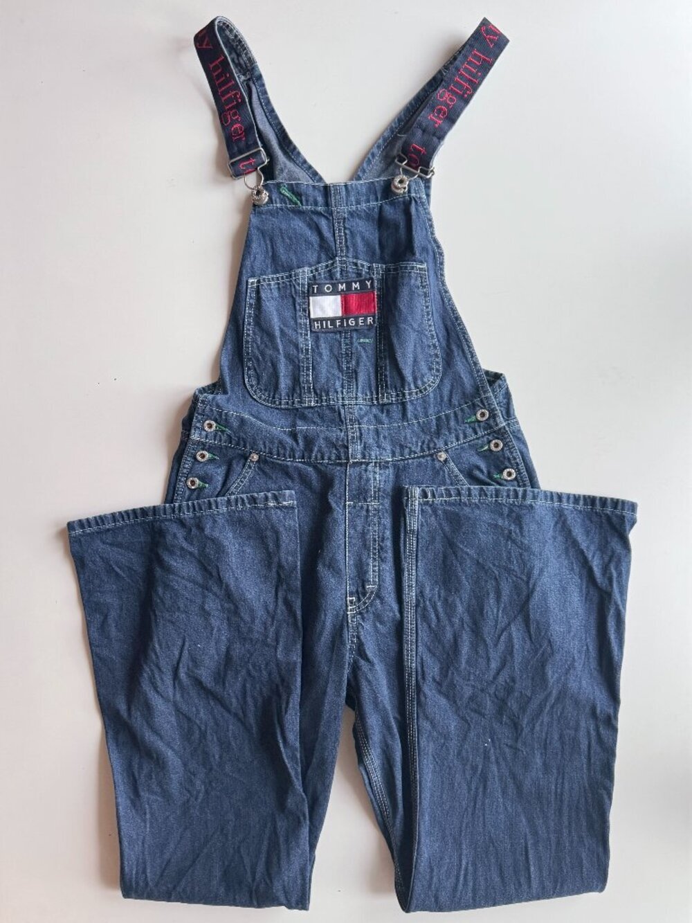 Vintage Y2K TOMMY HILFIGER Dark Wash Logo Patch Flared Denim Overalls, Size 28